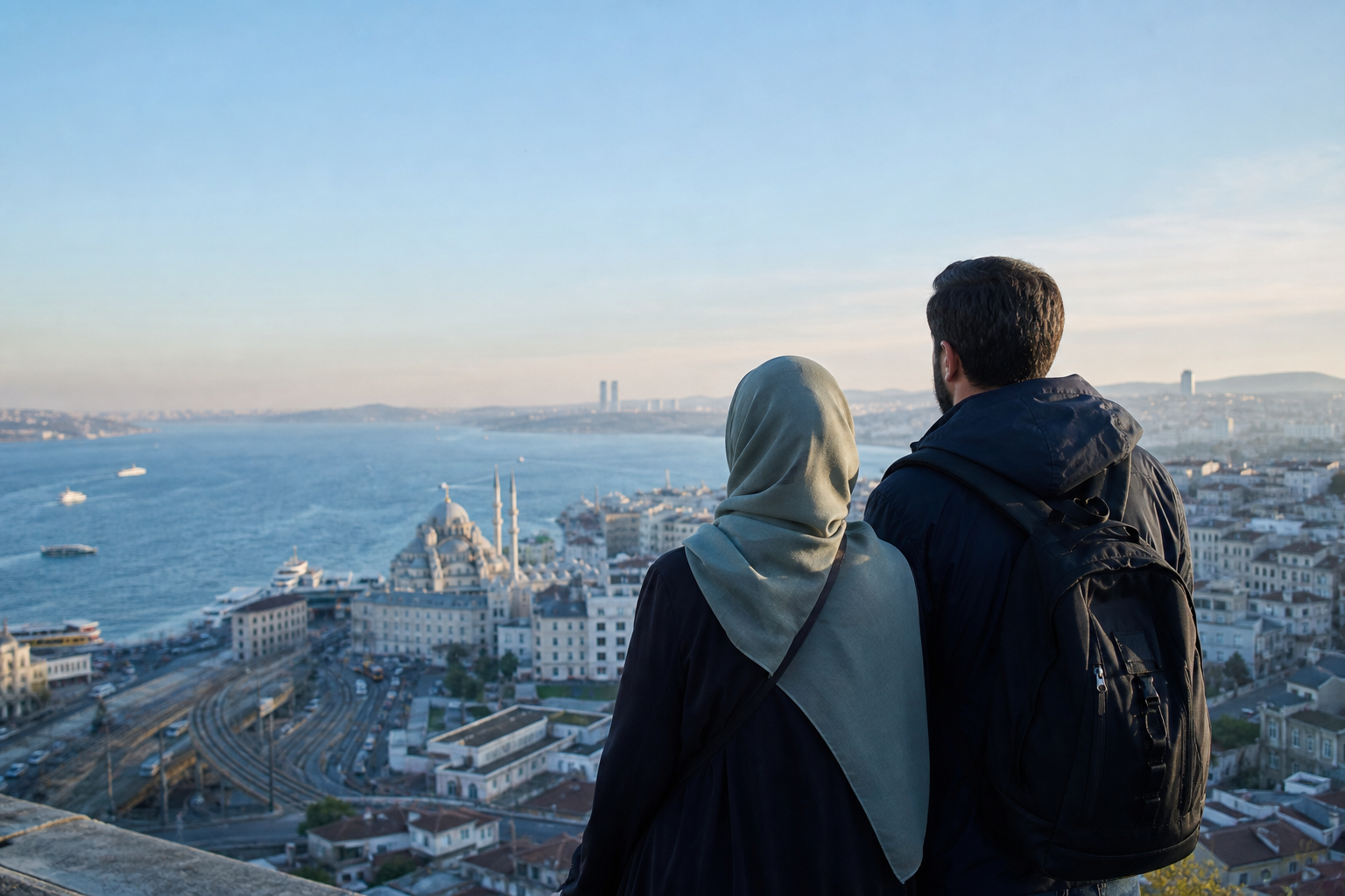 Muslim travelers looking over a coastal city before their trip