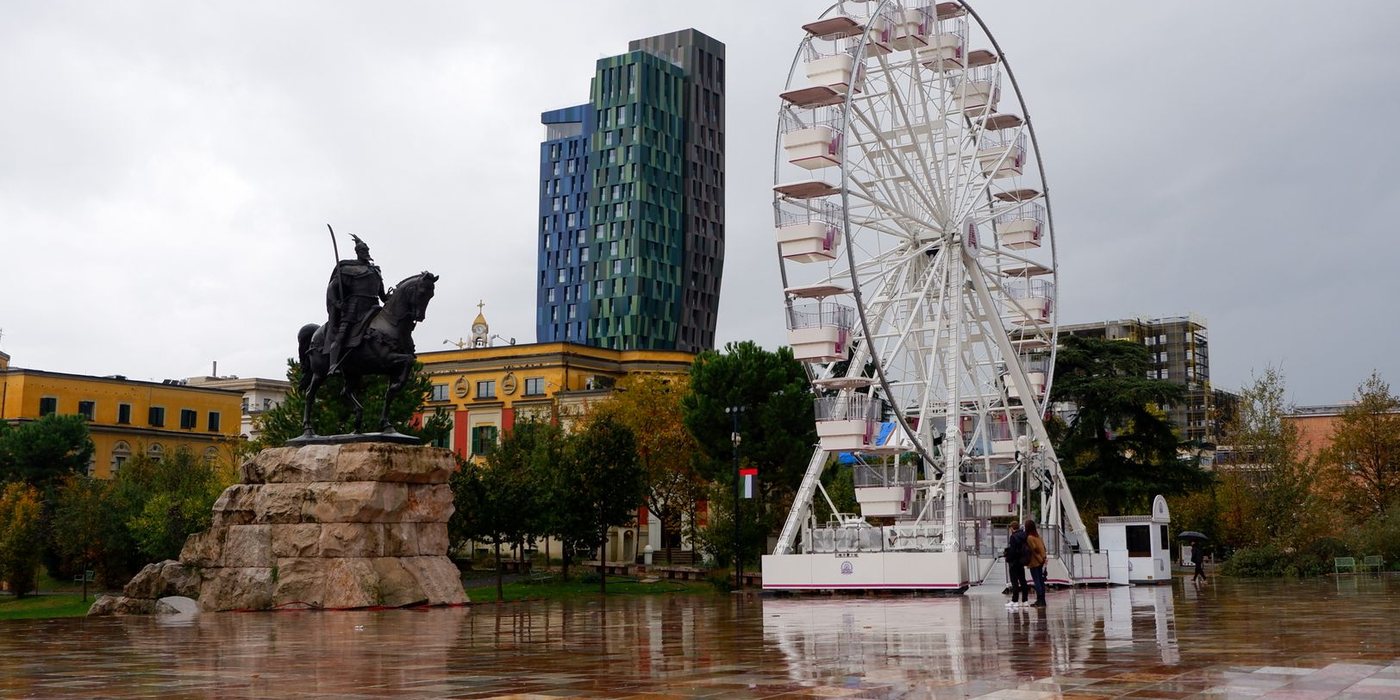 Skanderbeg Square and city landmarks in Tirana, Albania
