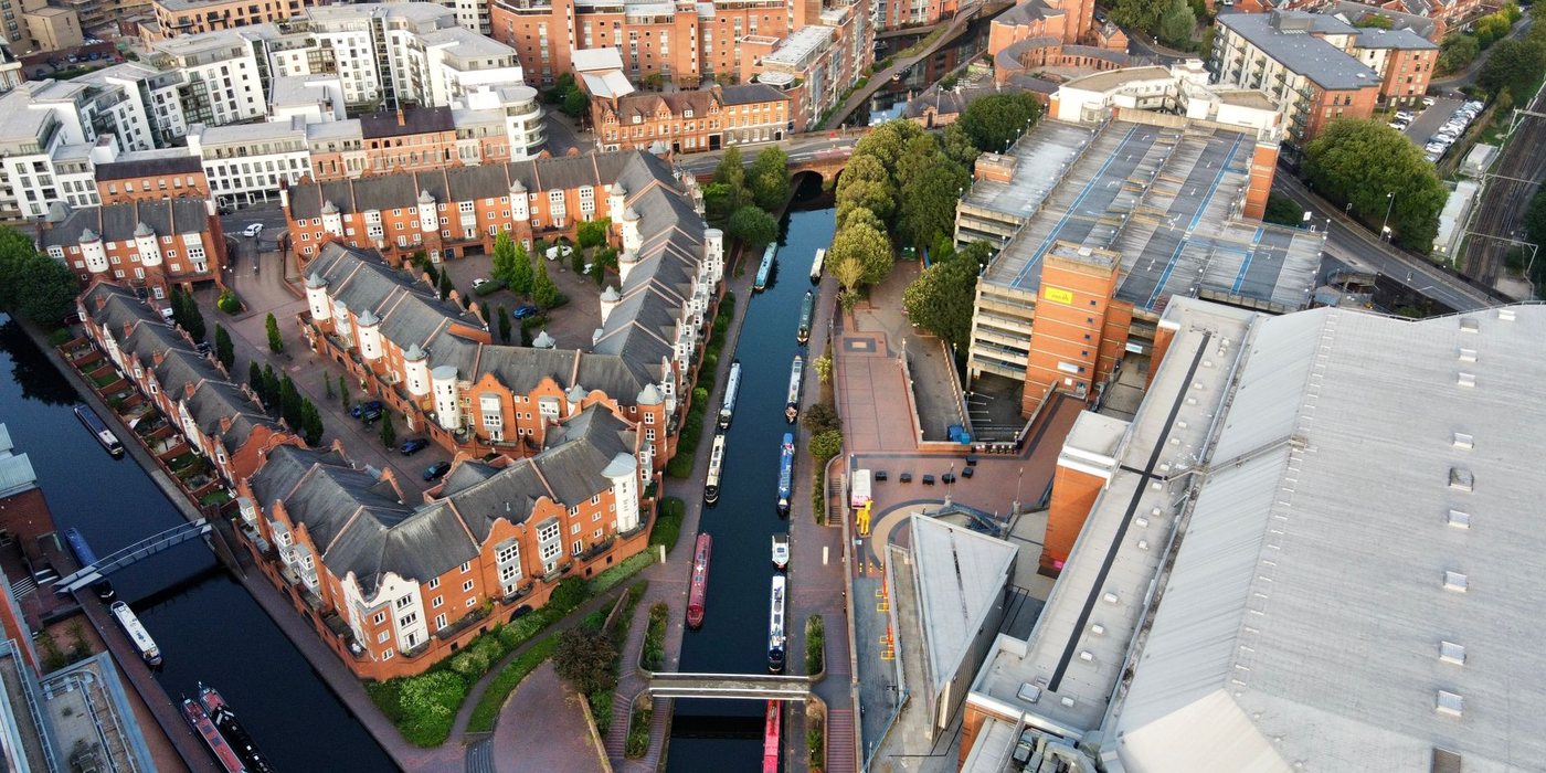 Birmingham city centre and canal network viewed from above