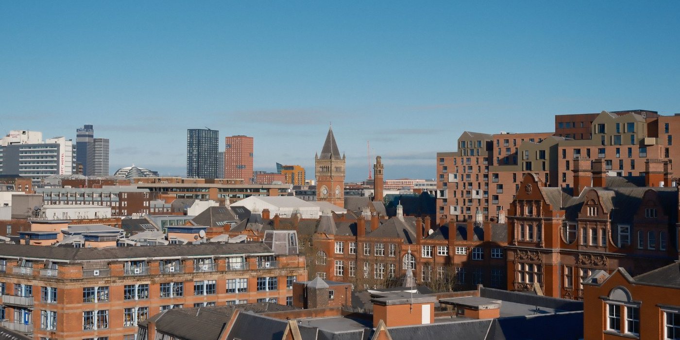 Manchester city centre skyline and historic architecture